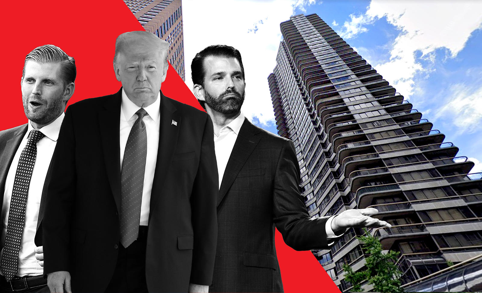 Eric Trump, Donald Trump, and Donald Trump Jr. with  Trump Plaza at 167 East 61st Street (Getty Images, Google Maps)