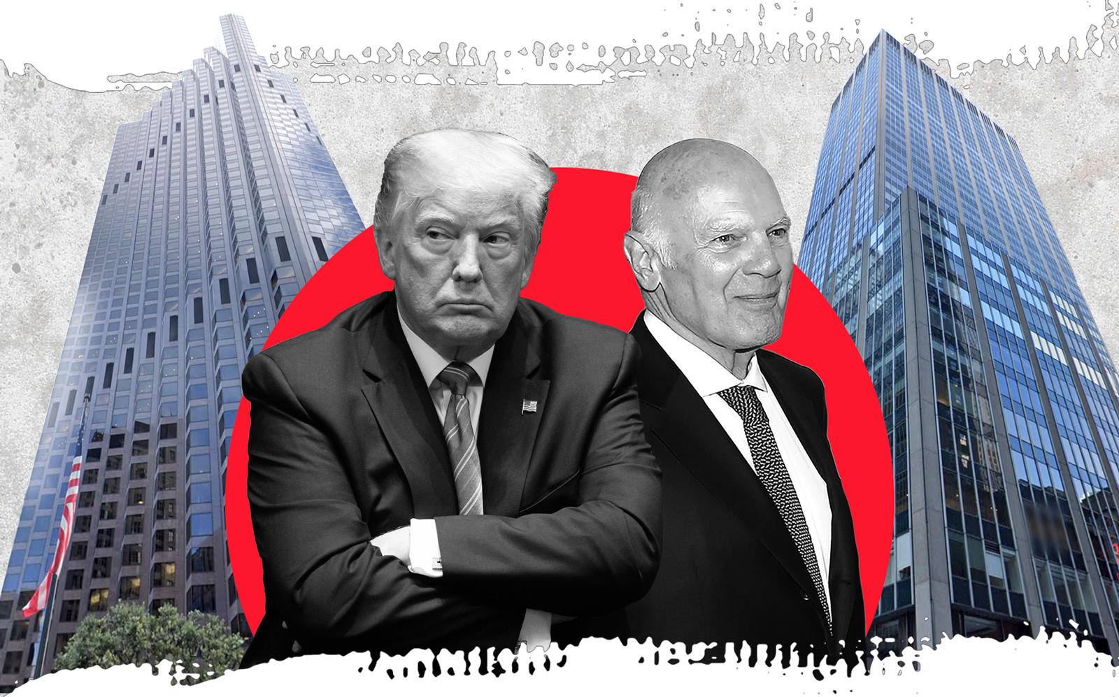 Donald Trump and Vornado's Steve Roth with 555 California Street in San Francisco (left) and 1290 Sixth Avenue in New York (right)