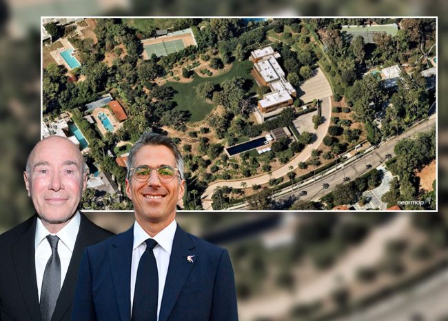 David Geffen, Casey Wasserman, and the property (Credit: Larry French, Paul Bruinooge/Patrick McMullan via Getty Images, and NearMap via Los Angeles Times)