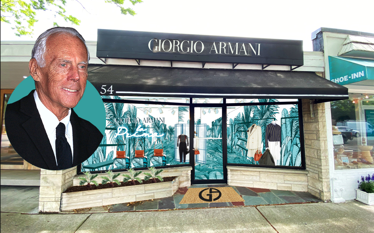 Giorgio Armani and a rendering of the East Hampton pop-up (Wikimedia, Giorgio Armani) 