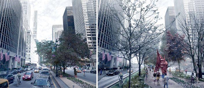 A redesigned Park Avenue could expand the median into a wide pedestrian promenade (Credit: PAU)