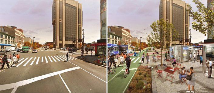 Before and after pedestrianizing Adam Clayton Powell Jr. Boulevard at 125th Street (Credit: PAU)