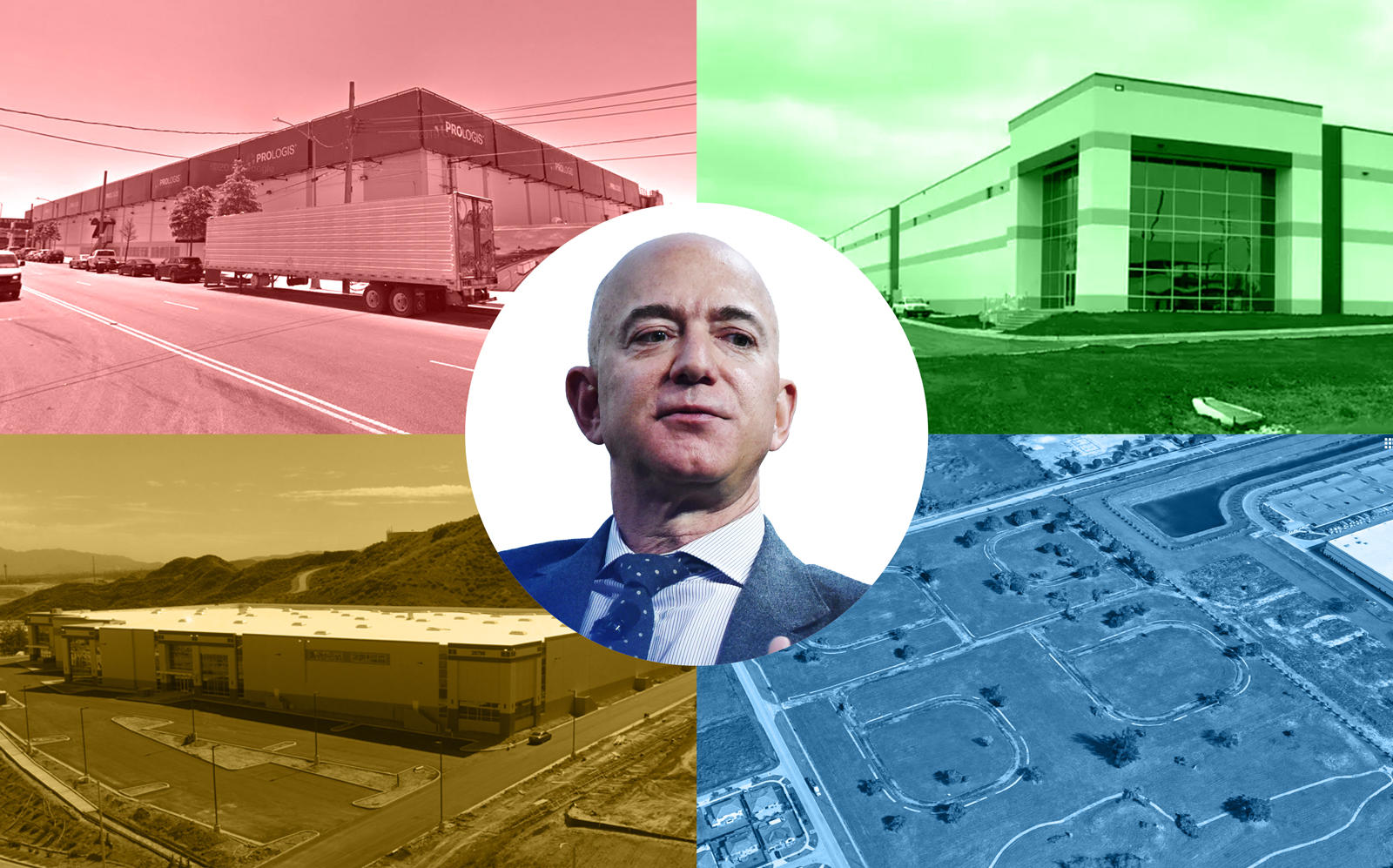 Amazon CEO Jeff Bezos with (clockwise from top left: 1055 Bronx River Ave. in Bronx, NY; 3507 W. 51st St. in Chicago; 13200 Southwest 272nd St. in South Miami-Dade, Florida; 28820 Chase Place in Valencia, California (1055 Bronx River Ave via Google Maps; 3507 W. 51st St. via 42 Floors; 13200 Southwest 272nd St. via Google Maps; 28820 Chase Place via IAC Commerce Center)