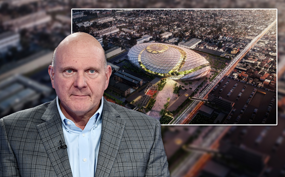 Steve Ballmer and a rendering of the project (Credit: Steven Ferdman/Getty Images, and Los Angeles Clippers via LATimes)