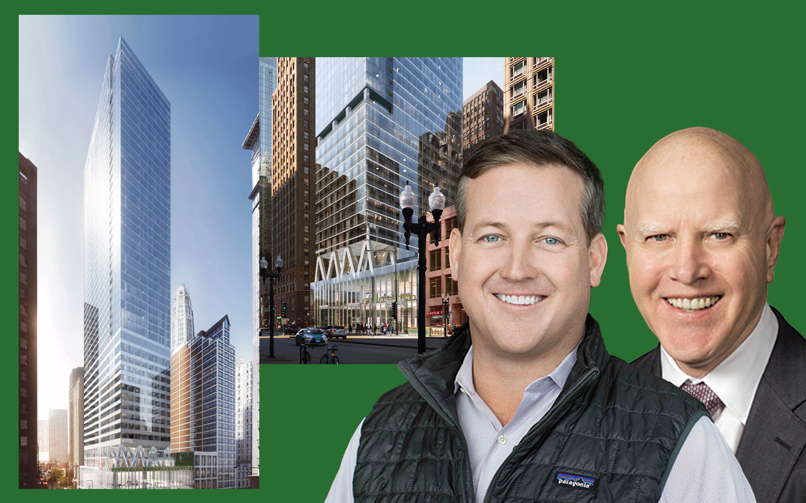 A rendering of 301 N. Michigan with Sterling Bay's Andy Gloor and Bank OZK’s George Gleason (Sterling Bay, Bank OZK)