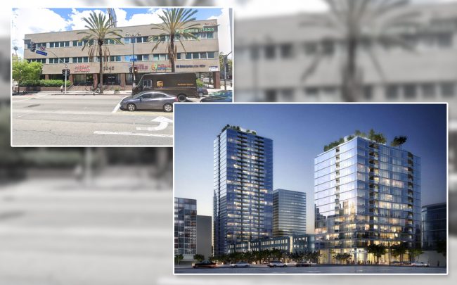 3545 Wilshire Boulevard and the proposed project for the space (Credit: Google Maps and BuzzBuzzHomes)