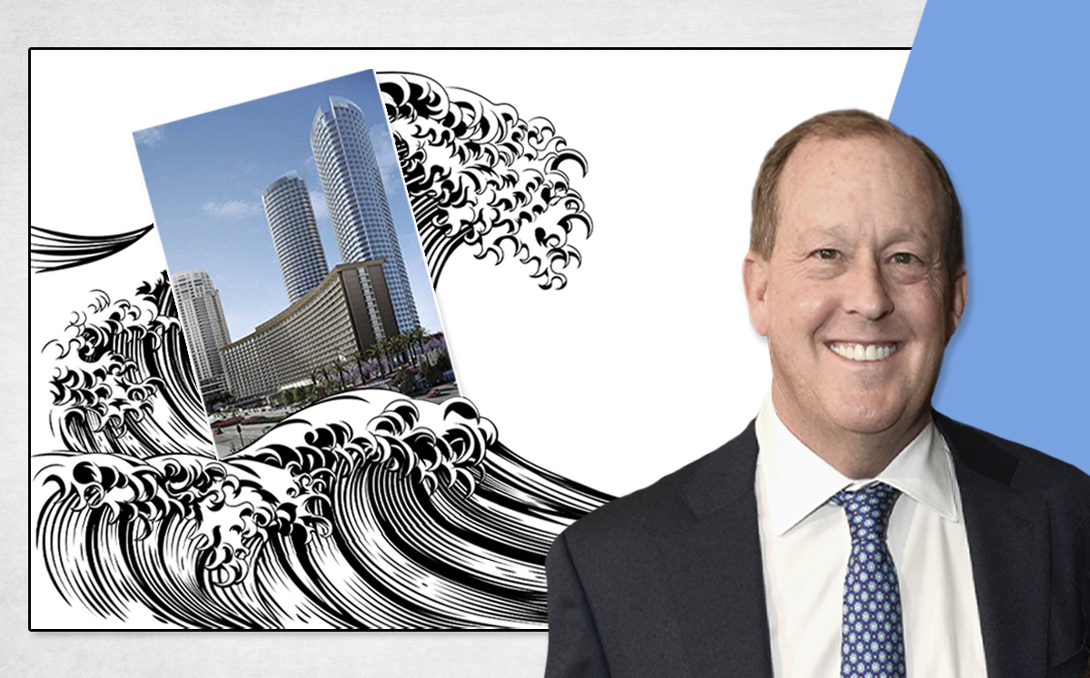 Michael Rosenfeld and a rendering of Century Plaza (Credit: Presley Ann/Getty Images for THR)