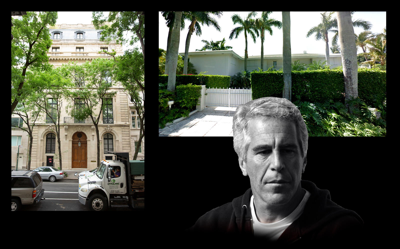 Jeffrey Epstein and his former homes in New York and Palm Beach (Getty, Google Maps)