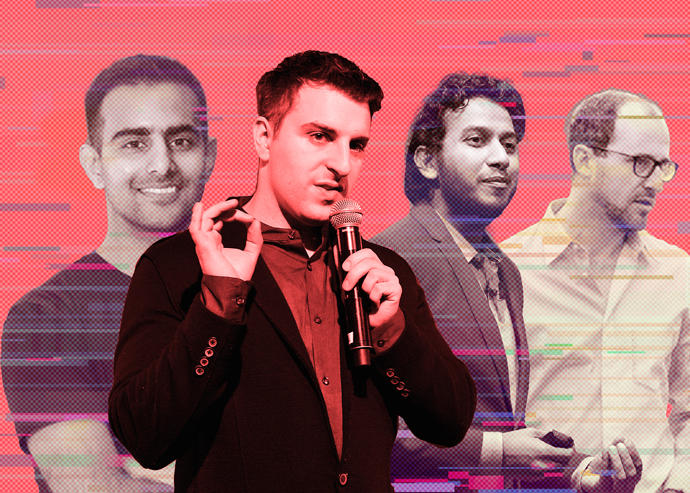 From left: Zeus Living CEO Kulveer Taggar, Airbnb CEO Brian Chesky, Oyo founder Ritesh Agarwal and Lyric CEO Andrew Kitchell (Getty, iStock)