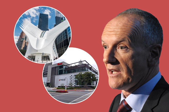 Unibail-Rodamco-Westfield CEO Christophe Cuvillier, Westfield Century City in Los Angeles and Westfield World Trade Center in New York (Getty, iStock, Google Maps)