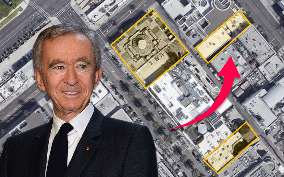 Bernard Arnault and a map of the properties (Credit: ERIC PIERMONT/AFP via Getty Images, and Google Maps)