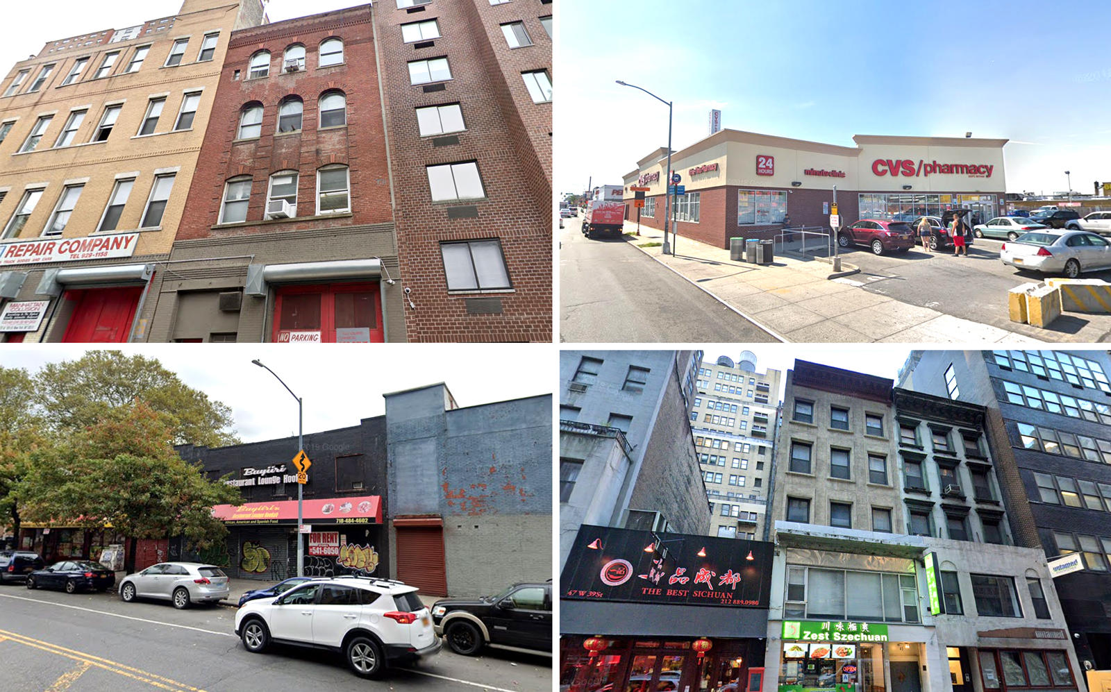 Clockwise from left: 432 West 19th Street, 61-15 Metropolitan Avenue in Ridgewood, 45 West 39th Street and 1518 Macombs Road in the Bronx (Google Maps)