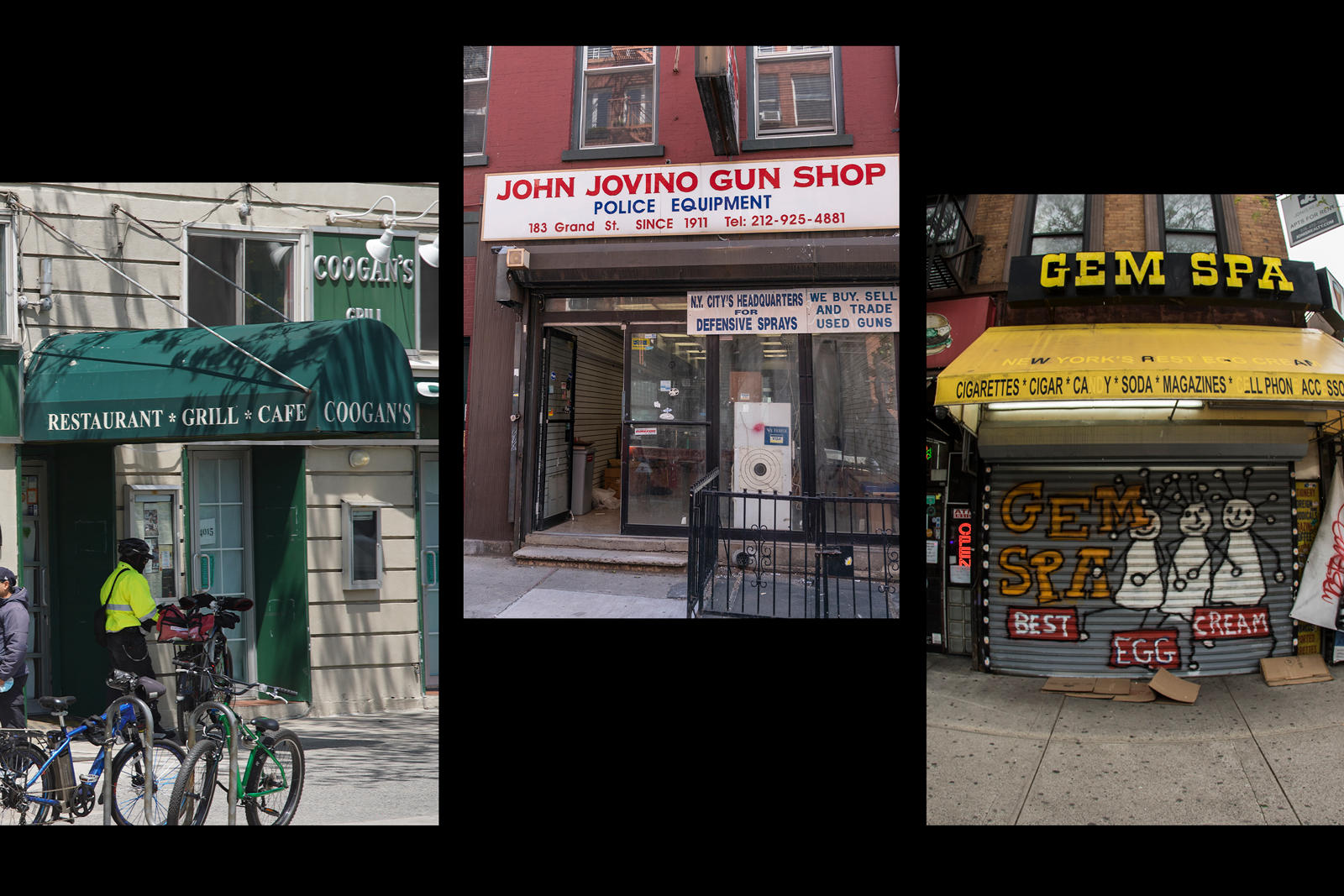 Coogan’s Irish pub in Washington Heights, John Jovino Gun Shop in Little Italy, and Gem Spa in East Village (Getty)