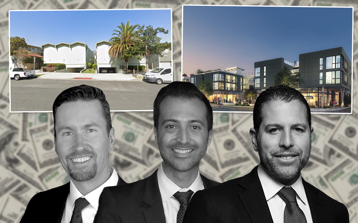 WS Communities CEO Scott Walter and VP of Finance Gregory Proniloff, Madison Realty Capital’s Josh Zegen, 1433 Euclid Street in Santa Monica; and rendering of mixed-use project at 3030 Nebraska Avenue in Santa Monica (Credit: Google Maps and Madison Realty Capital)