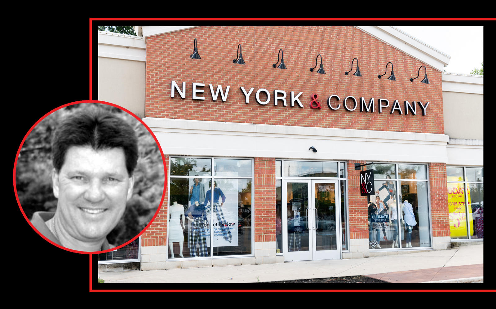 RTW Retailwinds CEO and CFO Sheamus Toal and a New York & Company store (Getty, LinkedIn)