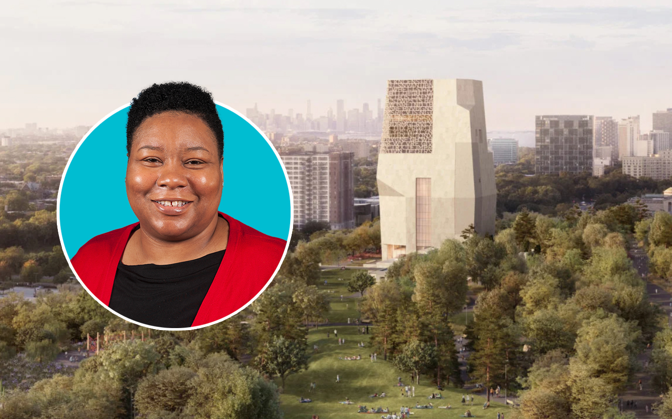 Alderman Jeanette Taylor and a rendering of Obama Presidential Center