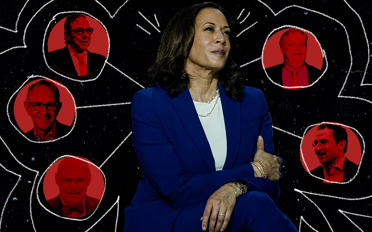 Kamala Harris and donors (clockwise from lower left) Francis Greenburger, Ron Moelis, Douglas Durst, Charles O'Byrne and Jonathan Gray (Getty) 