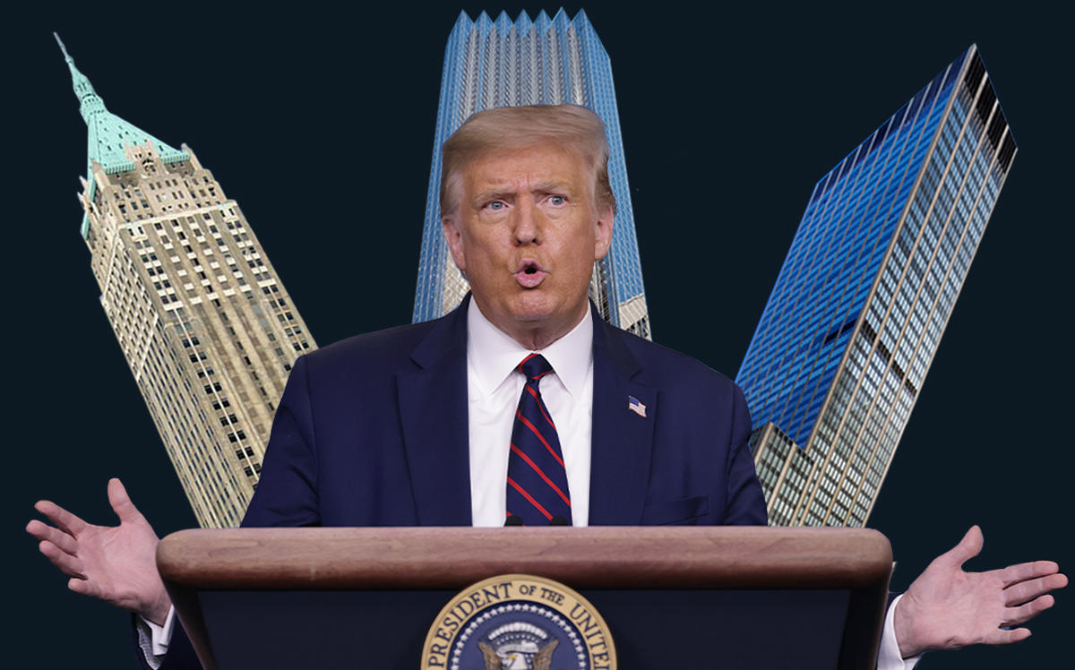 Donald Trump with 40 Wall Street, 725 Fifth Avenue and 1290 Sixth Avenue (Getty, Wikipedia, Trump Organization, Vornado)