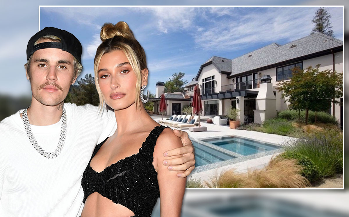 Justin and Hailey Bieber with the home (Credit: Jon Kopaloff/Getty Images, and Realtor.com via Variety)