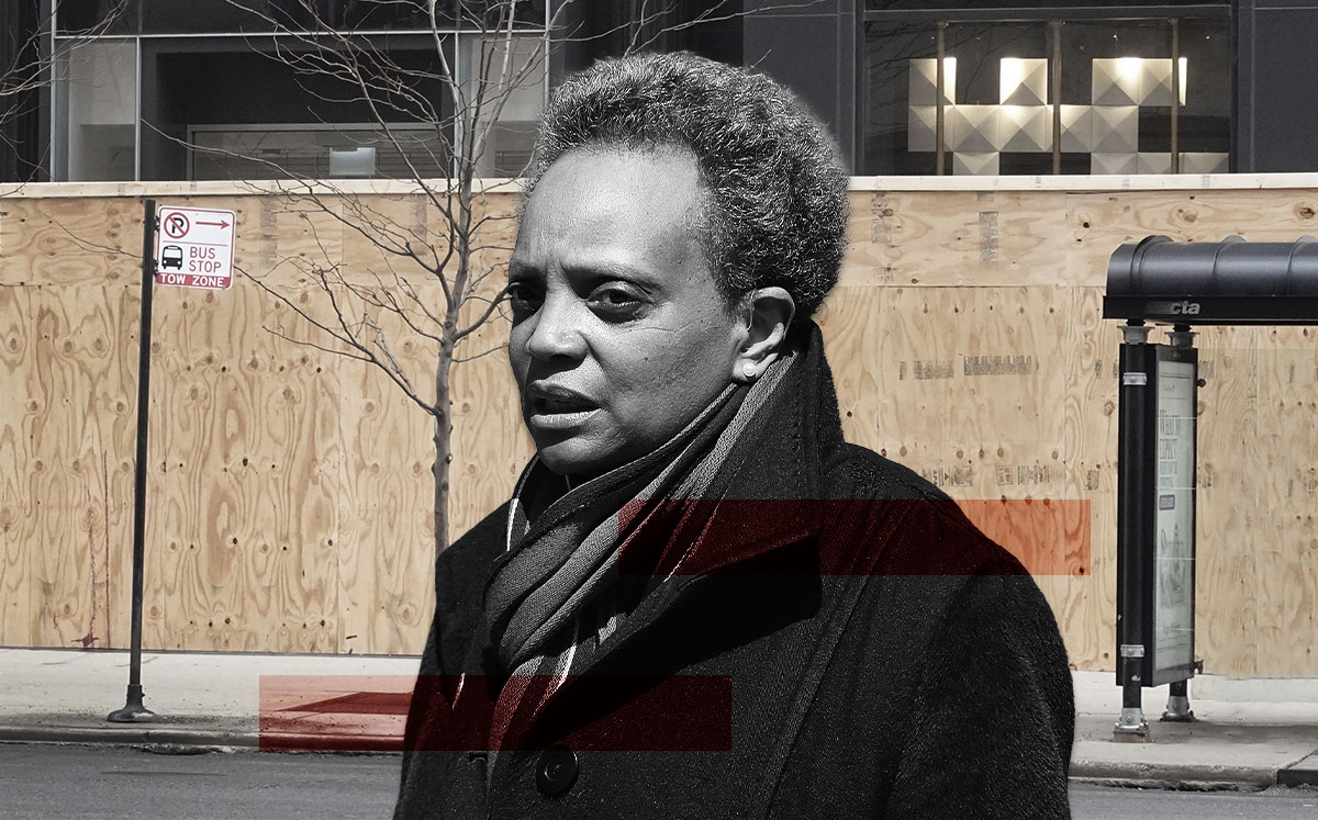 Chicago mayor Lori Lightfoot and boarded up stores along Michigan Avenue (Credit: Jonathan Daniel/Getty Images, and Scott Olson/Getty Images)