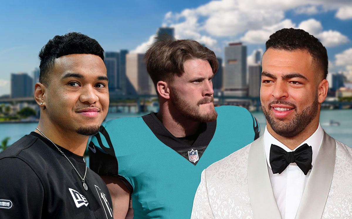 Tua Tagovailoa, Clayton Fejedelem, and Kyle Van Noy (Credit: Alika Jenner/Getty Images, Johnson/Icon Sportswire via Getty Images, and Rich Graessle/PPI/Icon Sportswire via Getty Images)