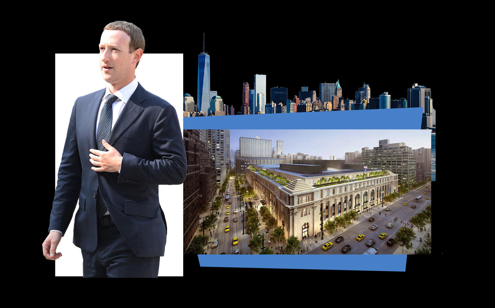 Facebook CEO Mark Zuckerberg and a rendering of the Farley Building (Getty; Vornado)