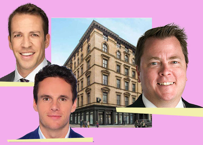 Clockwise:  CBRE's Michael Remer, Richard Hodos and Joel Stephen with the Wizarding World Building at 935 Broadway (Images via CBRE)