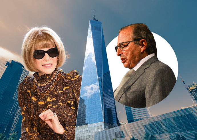 Anna Wintour of Condé Nast, One World Trade Center and Douglas Durst (Wintour by Dia Dipasupil/Getty Images; 1WTC via iStock; Durst by Patrick McMullan via Getty Images)