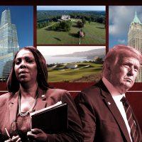 Attorney General Letitia James and President Donald Trump. Background from left: the Trump International Hotel and Tower in Chicago, Trump National Golf Club in Los Angeles, Seven Springs Estate in Westchester County and 40 Wall Street in New York City (Photos via Getty; C R and Yuki Shimazu via Flickr; Wikipedia Commons)
