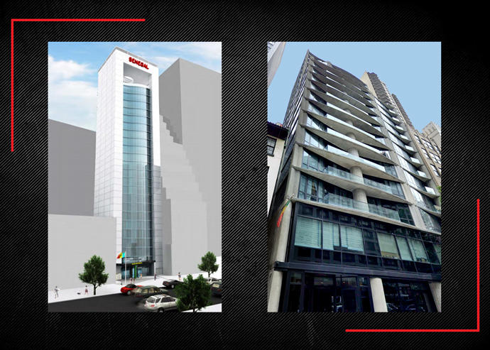 Senegal House renderings (left) and 235 East 44th Street (right (Credit: Urbahn Architects and Google Maps)
