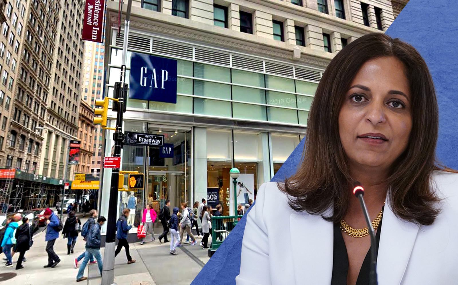 Gap at 170 Broadway and Gap CEO Sonia Syngal (Photo via Google Maps; Syngal by MANDEL NGAN/AFP via Getty Images)