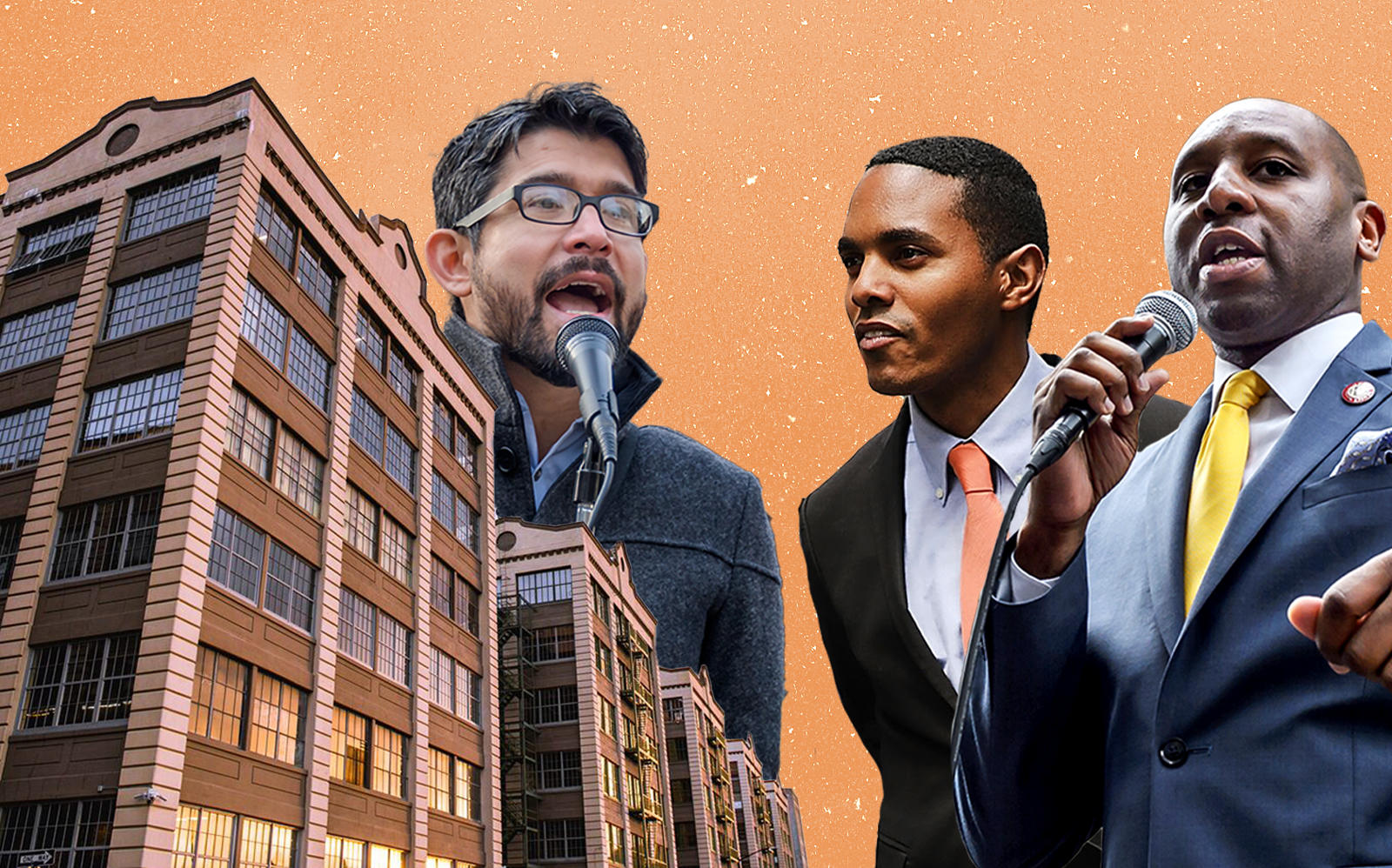 From left: City Council members Carlos Menchaca, Ritchie Torres and Donovan Richards with Industry City (Getty, iStock)