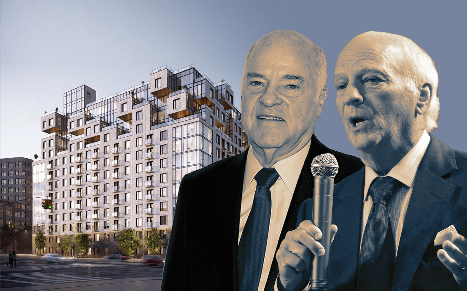 KKR’s Henry Kravis and George Roberts and 260 gold street (Getty; rendering via J Frankl Architects)