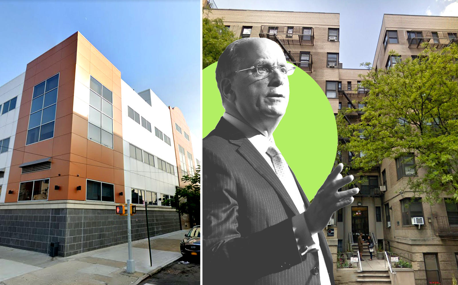 6201 15th Avenue in Bensonhurst and 185 Claremont Avenue with BlackRock CEO Larry Fink (Google Maps; Fink by Eugene Gologursky/Getty Images for IRC)