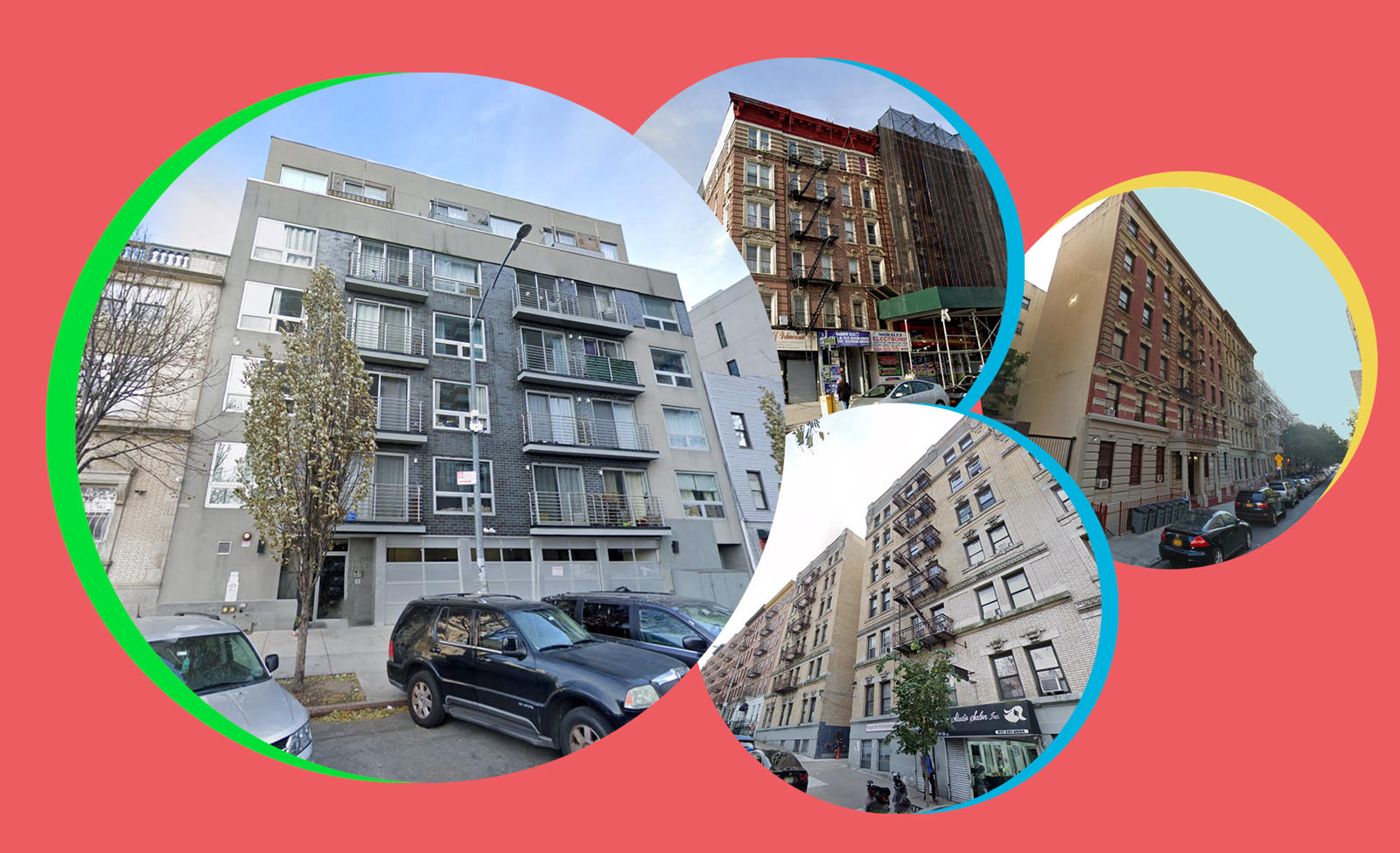 From left: 21 Montrose Avenue in Williamsburg, 1480 Amsterdam Avenue and 520 West 136 Street in West Harlem and 208-212 West 141st Street in North Harlem (Google Maps)