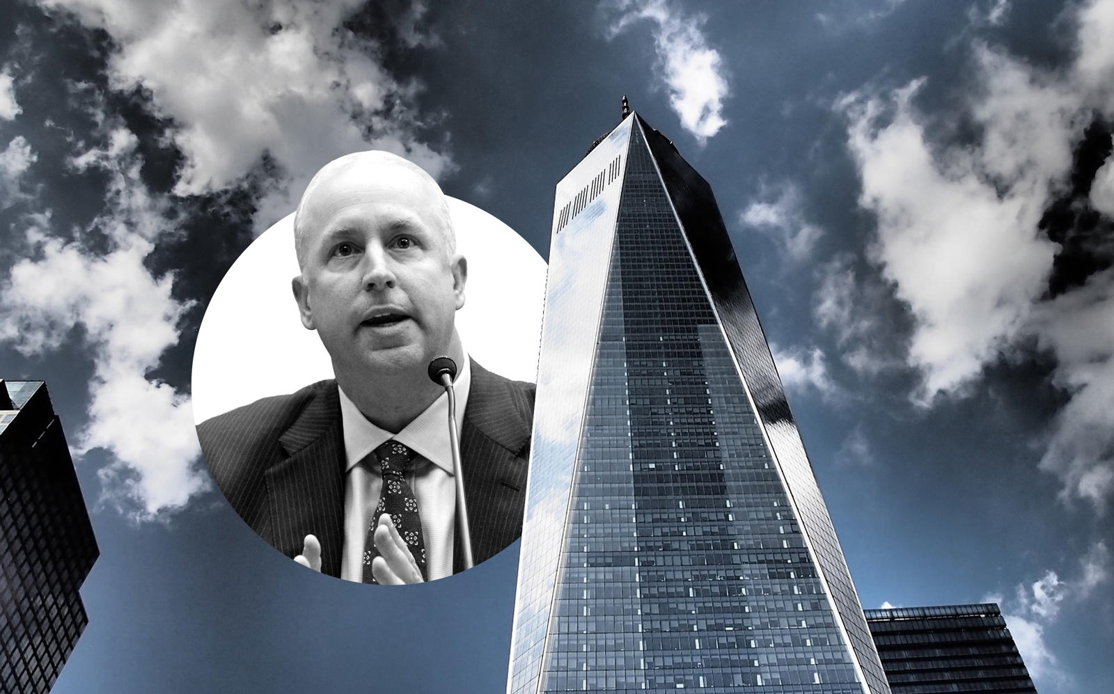 Moody's CEO Raymond McDaniel and 1 World Trade Center (McDaniel by Alex Wong/Getty Images; Pixabay)