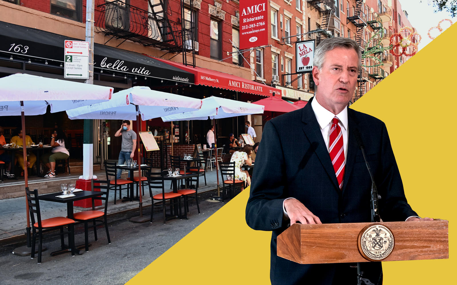 Mayor Bill de Blasio announces “a new New York City tradition” as outdoor dining is set to return next year (de Blasio by Lev Radin/Pacific Press/LightRocket via Getty Images; background by ANGELA WEISS/AFP via Getty Images)