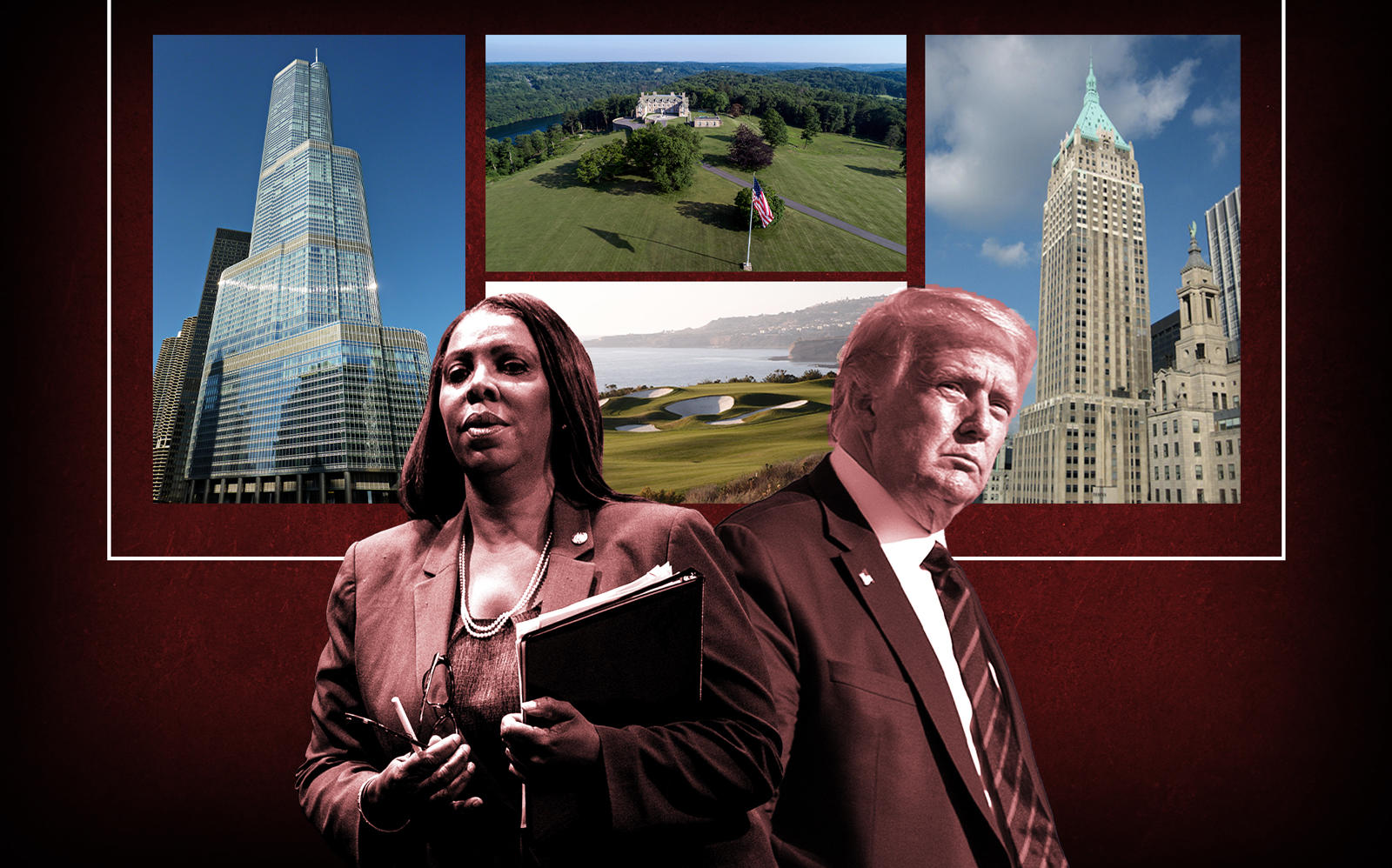 Attorney General Letitia James and President Donald Trump. Background from left: the Trump International Hotel and Tower in Chicago, Trump National Golf Club in Los Angeles, Seven Springs Estate in Westchester County and 40 Wall Street in New York City (Photos via Getty; C R and Yuki Shimazu via Flickr; Wikipedia Commons)