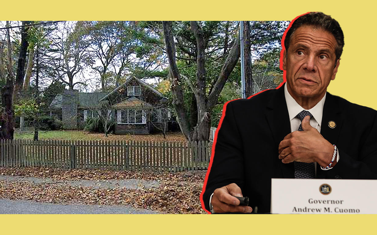 The Westhampton Beach house Marco Ricotta and Jodine Russo did not have to leave, thanks to Gov. Andrew Cuomo’s eviction ban (Google Maps; Getty)