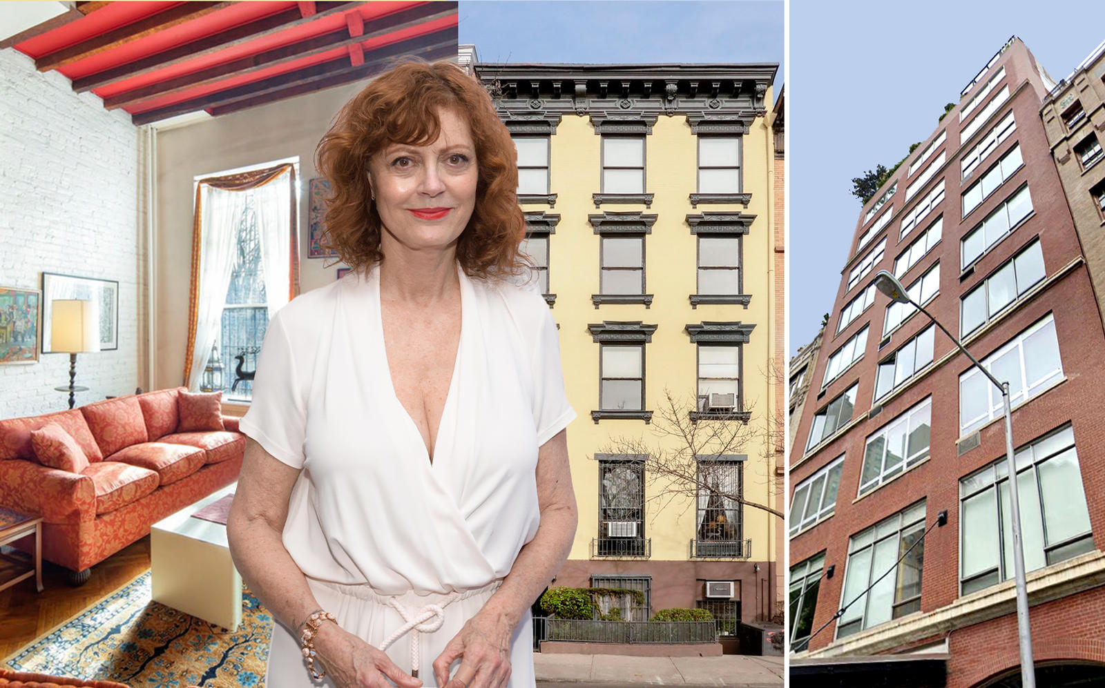 Susan Sarandon with 307 East 10th Street and 147 West 15th Street (Sarandon by Noam Galai/Getty Images; BHS; Google Maps)