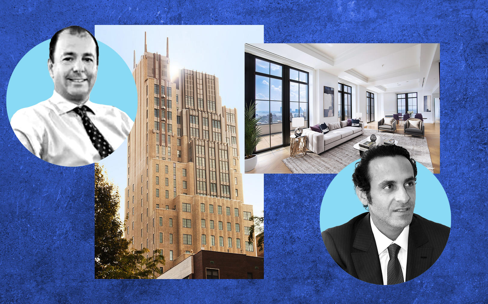 Walker Tower at 212 West 18th Street with in-contract buyer Ron Vinder (left), and prior owner Khadem al-Qubaisi (right) (Images from JDS Development, Morgan Stanley, Pixabay)