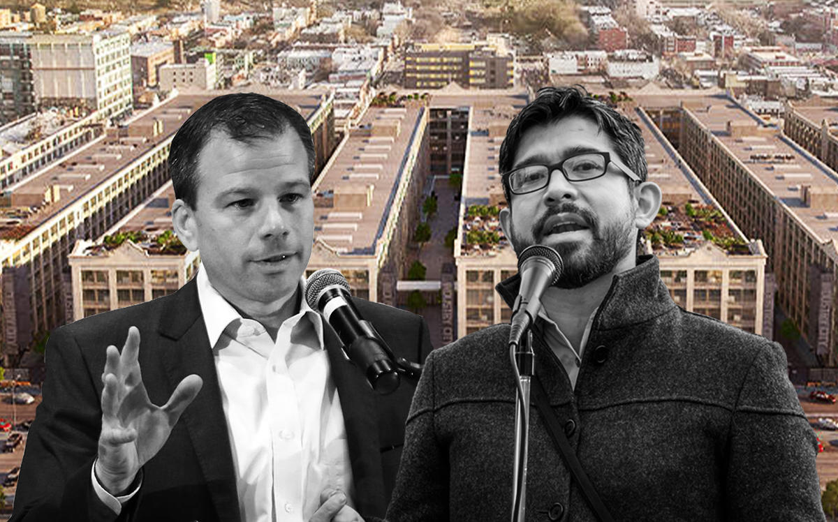 Andrew Kimball and Carlos Menchaca with a rendering of Industry City (Getty)