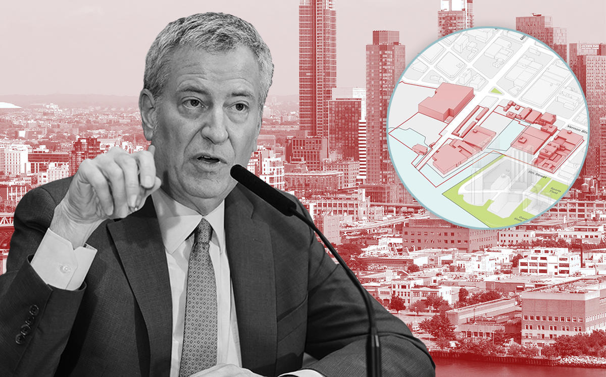 Mayor Bill de Blasio and (inset) the proposed development in Long Island City (Getty, YourLIC)