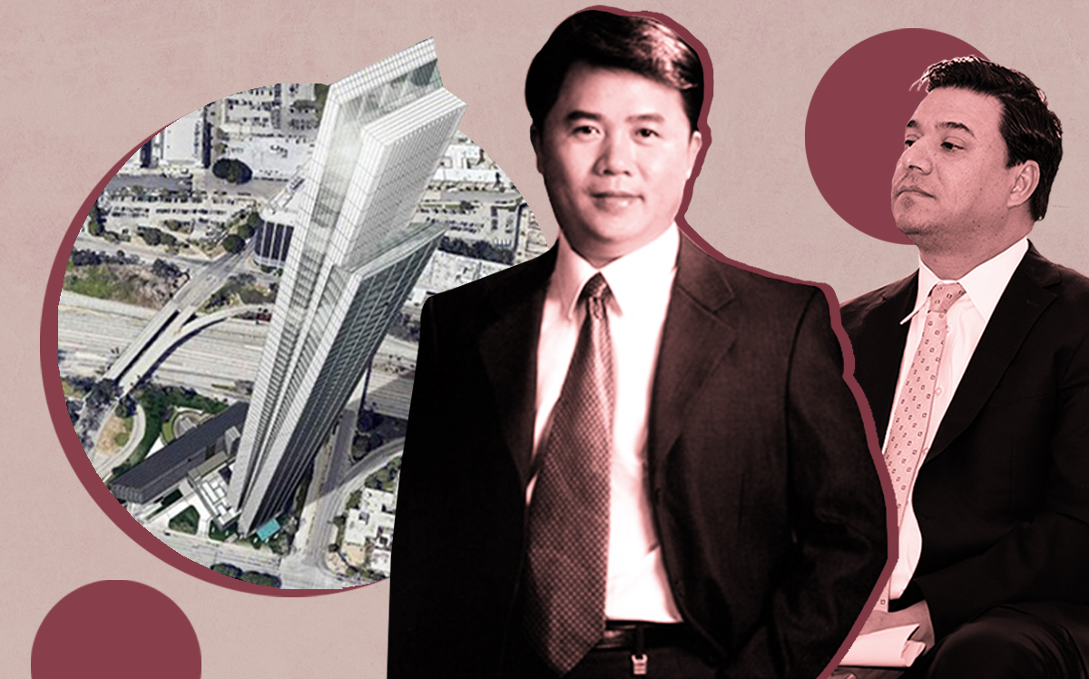 Wei Huang, Jose Huizar and a rendering of the 77-story tower at 333 S. Figueroa Street (Shenzhen New World Group, Getty)