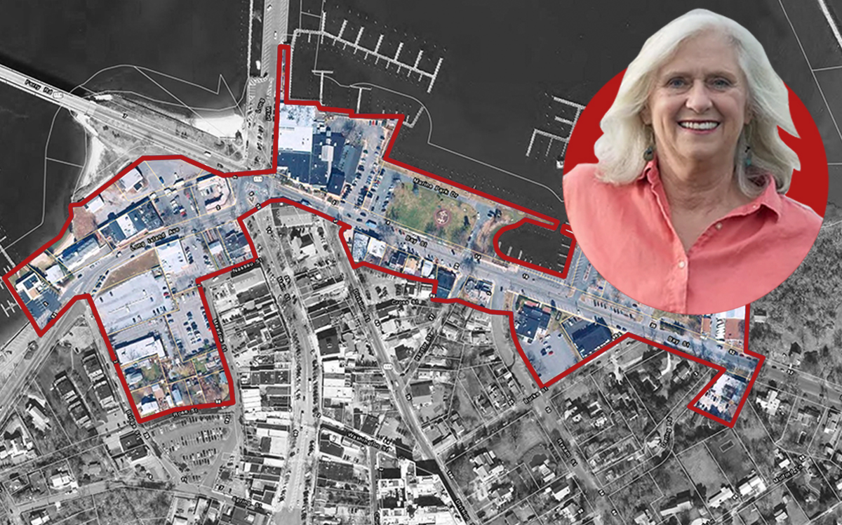 Sag Harbor Mayor Kathleen Mulcahy and an aerial view of the project (Courtesy of Village of Sag Harbor, Mulcahy for Mayor)