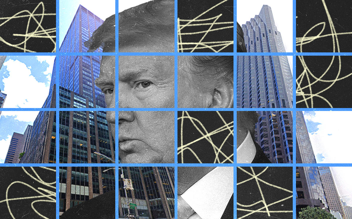 Donald Trump with 1290 Sixth Avenue in Manhattan and 555 California Street in San Francisco (Getty, Google Maps)