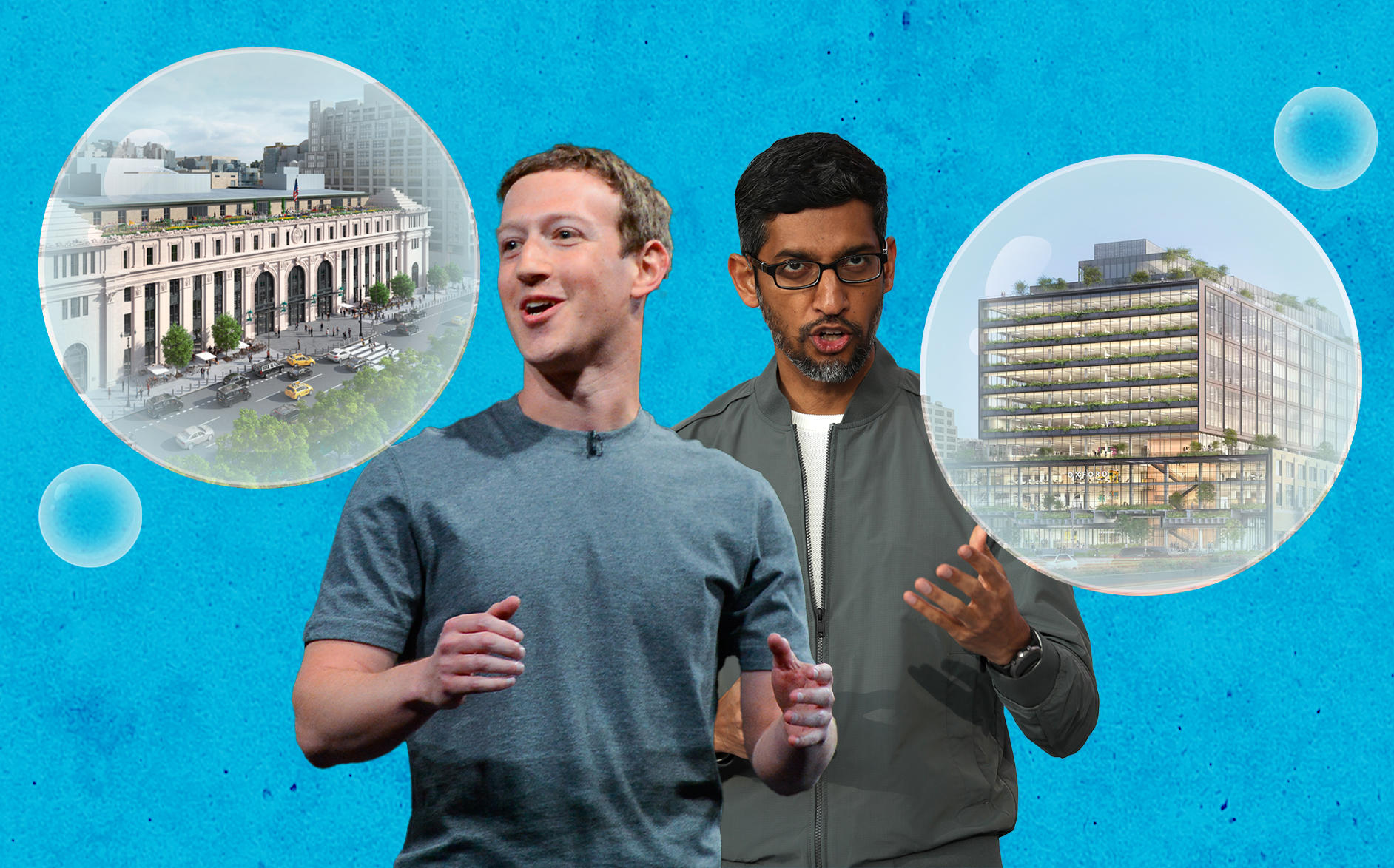 Facebook's Mark Zuckerburg with a rendering of the Farley Post Office redevelopment and Google's Sundar Pichai with a rendering of St. John's Terminal (Getty; COOKFOX Architects; VNO)