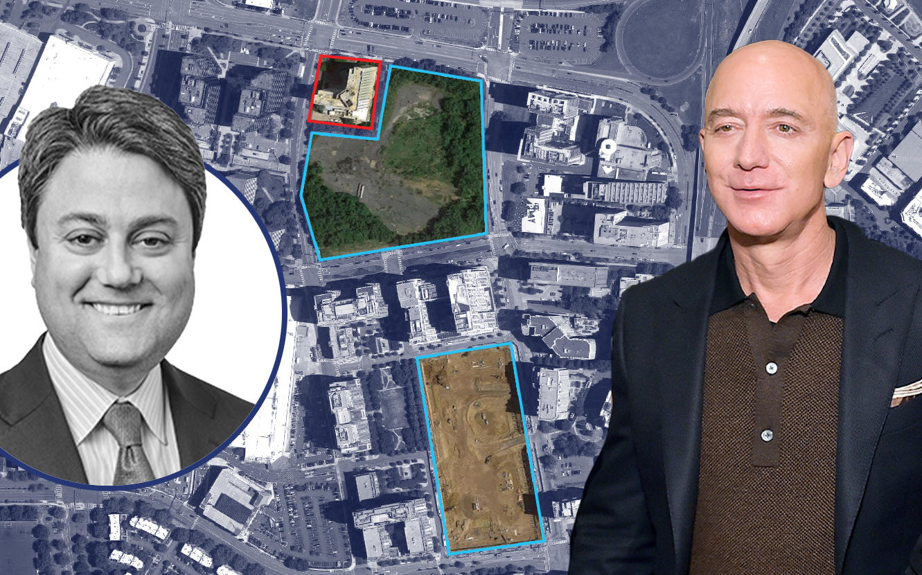Blackstone's Frank Cohen and Amazon CEO Jeff Bezos with the HQ2 site (Getty; Blackstone; Google Maps)