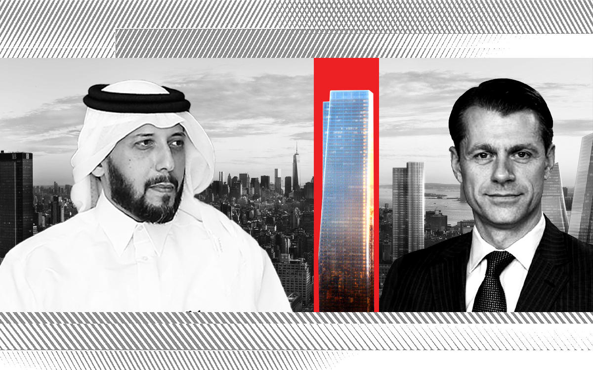 QIA CEO Mansoor Bin Ebrahim Al-Mahmoud, One Manhattan West and Brookfield CEO Brian Kingston (Getty; Brookfield)