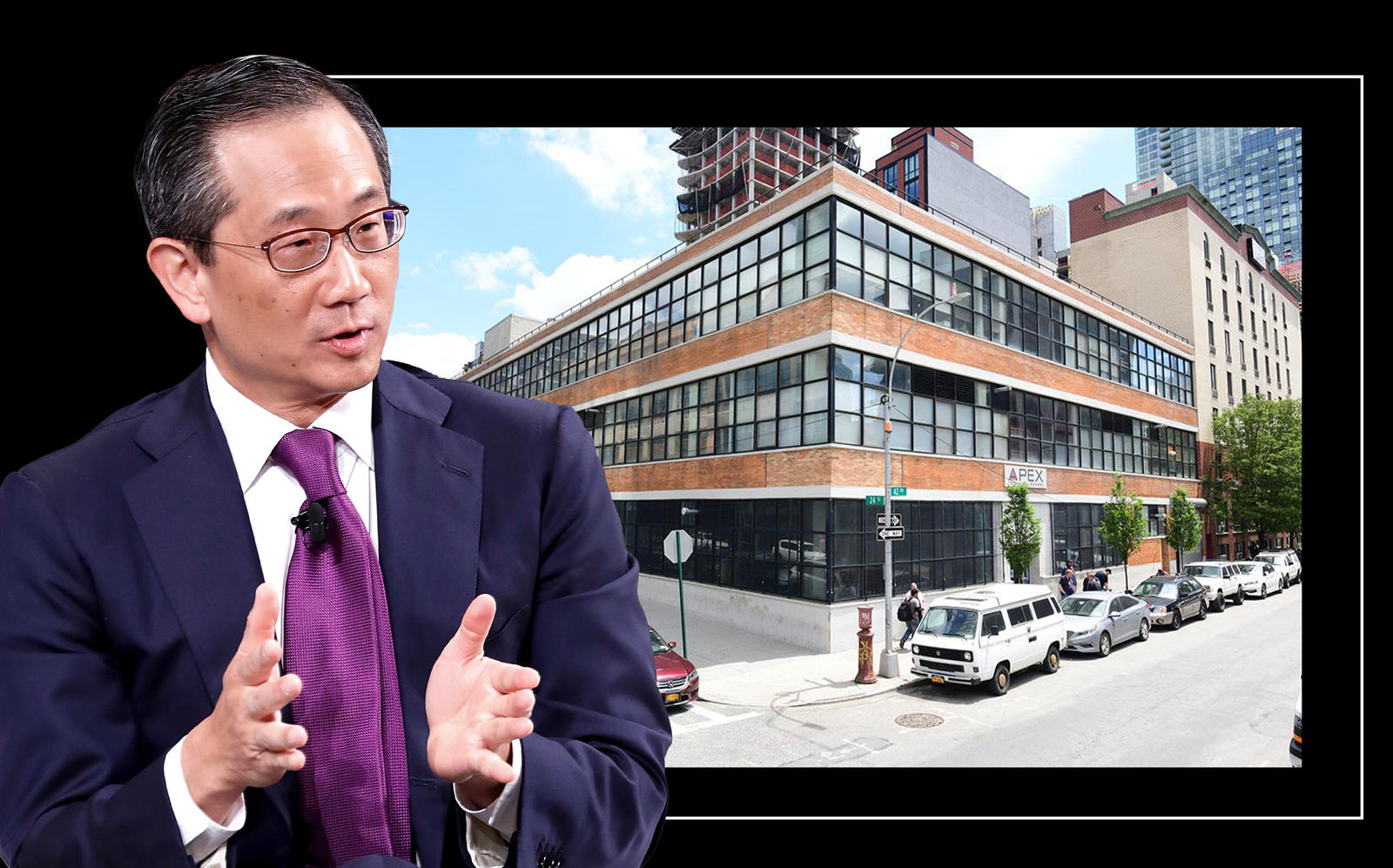 Carlyle CEO Kewsong Lee and 24-02 Queens Plaza South in Long Island City (Getty; Atlas Capital)